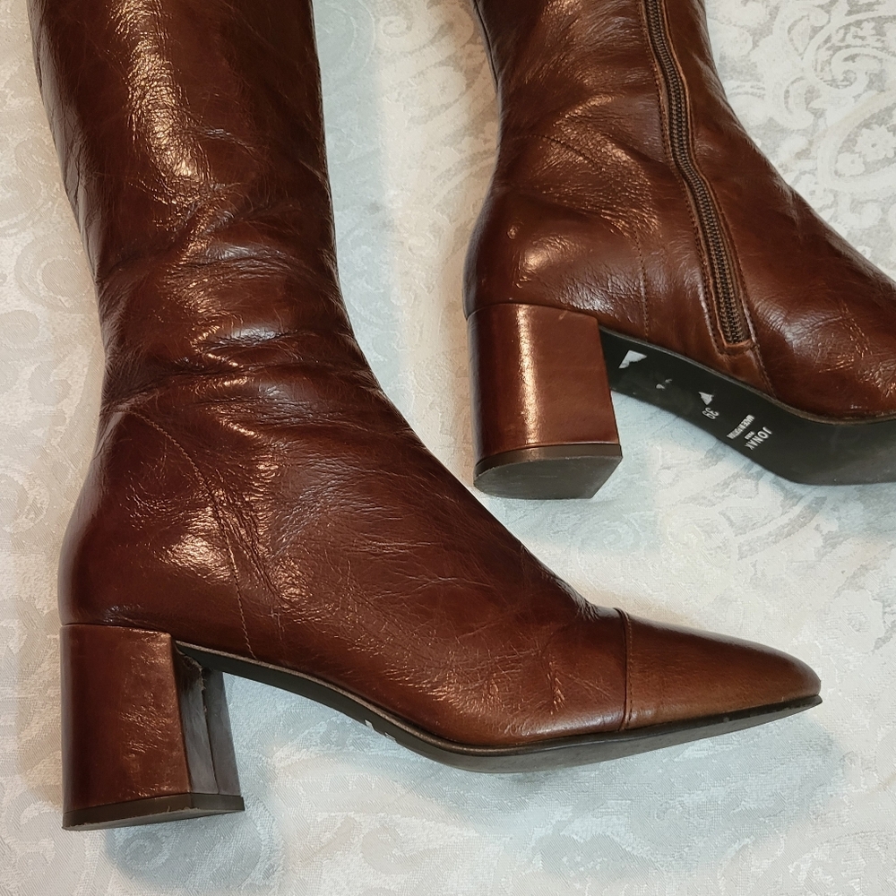 Women's Tall Brown Leather Heeled Boots - Picture 14 of 16
